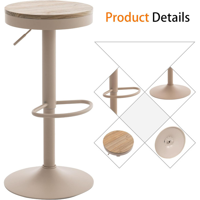 Kidol Adjustable Height Bar Stools 2-Pack - 360° Swivel, Round Wood Seat, Metal Frame - Kitchen/Bar/Living Room Stools