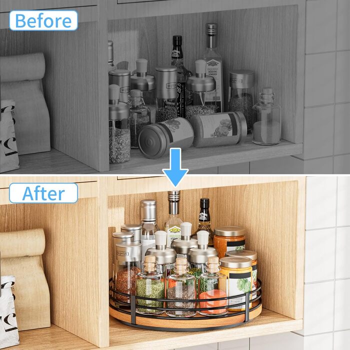 Wooden Lazy Susan Turntable Organizer, round, for cabinet, kitchen, countertop, pantry, dining table, bathroom, cafe, bar, spice storage, home decor