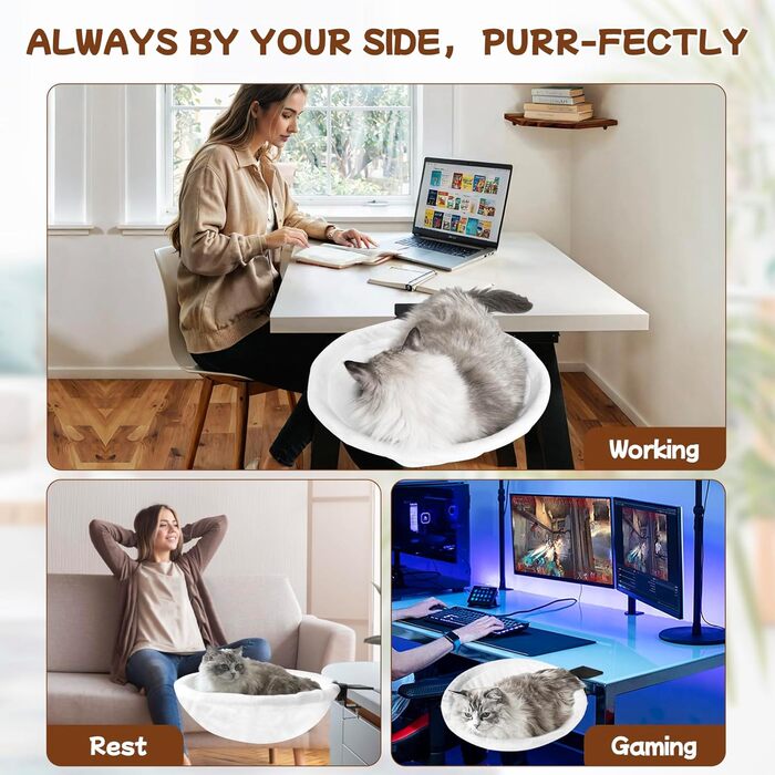 Ліжко-стіл для котів Homegroove, велике та економне, до 23 кг, м'яка гамак з штучного хутра для офісу та геймерів, знімне та пральне (біле)