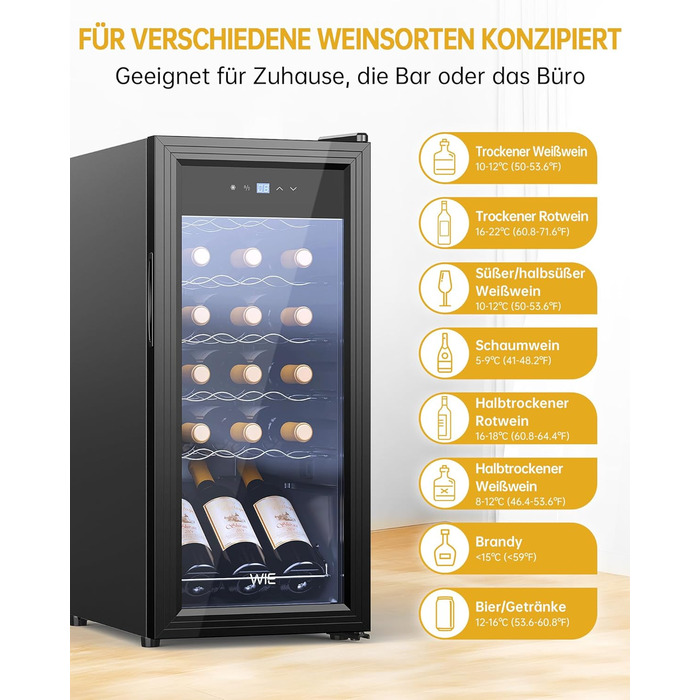 WIE 33L 1-Zone Wine Cooler Fridge - Compact Wine Refrigerator with Glass Door, LED Touch Panel, Anti-UV Protection (18 Bottles)