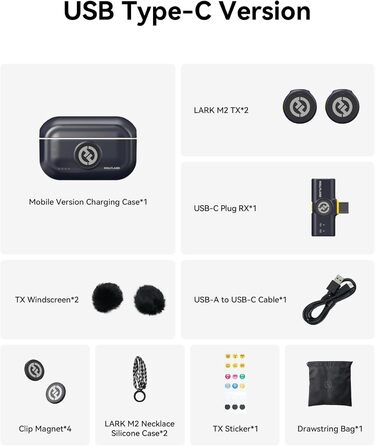 Hollyland Lark M2 бездротовий петличний мікрофон для iPhone 15/16/17 та Android, 300м радіус дії, Hi-Fi звук, шумозаглушення, 30 годин роботи, міні-мікрофон для відео (2TX + USB-C RX + зарядний кейс) USB-C (2TX+1RX) Чорний