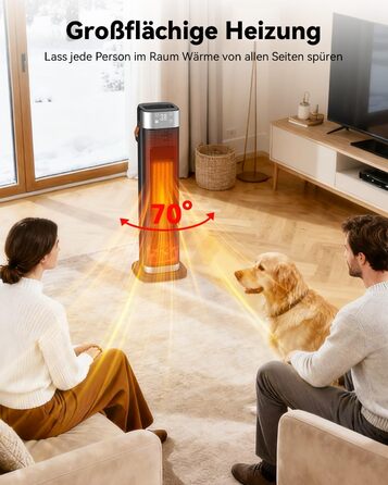 Електричний обігрівач PTC з керамічним нагрівачем, 2200W, з пульт дистанційного керування, 4 режими, таймер 12H, термостат, ECO-режим, осциляція 70°, захист від перегріву та перекидання, для дому та офісу (чорний, 65 см)