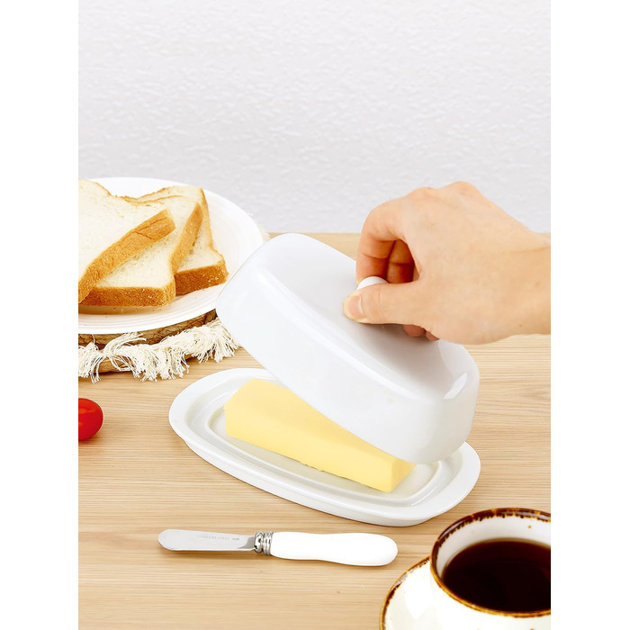 Ceramic Butter Dose with Lid and Knife for Countertop Refrigerator, 20.3 cm, White Butter Holder with Porcelain Lid Knob, Handle for East-West Butter Sticks