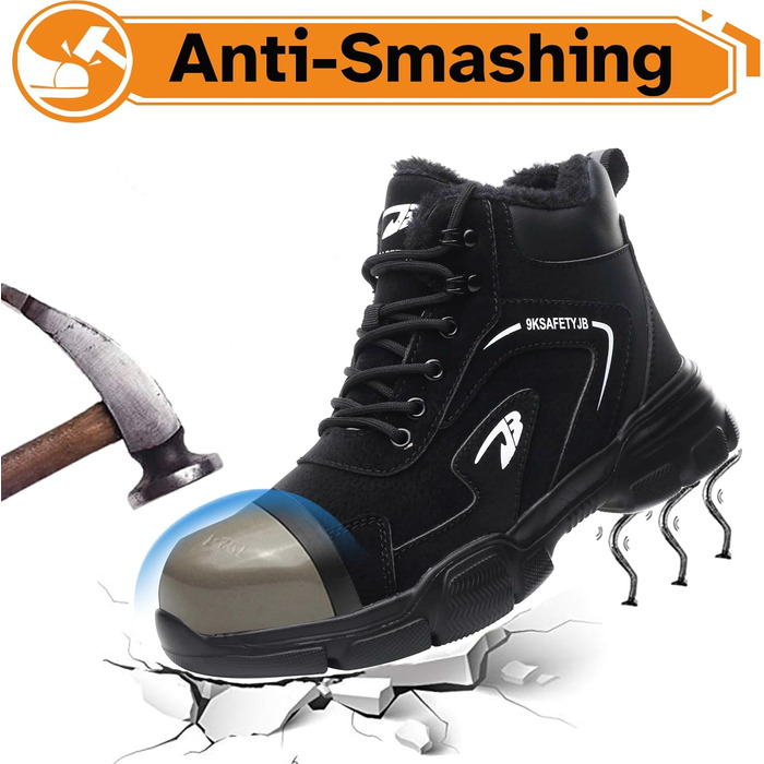 Черевики безпеки для чоловіків та жінок, водонепроникні зимові утеплені черевики з металевим носком, чорні, розмір 43 EU
