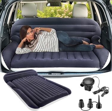 Надувний матрац SUV з 2 подушками – товстий, з фетром, для автомобіля – мобільні подорожі, кемпінг та відпочинок на природі – швидке надування та здування з електричним насосом