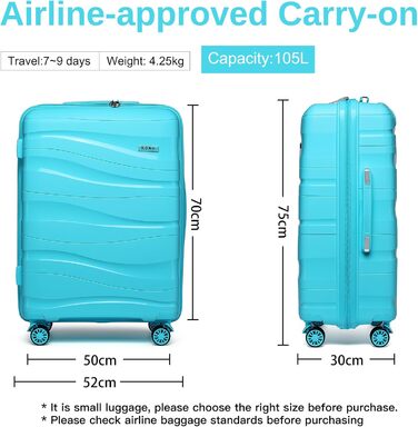 KONO Чемодан середнього розміру 65см з поліпропілену, з TSA замком, 65x46x26.5см (Крем-білий, світло-блакитний)