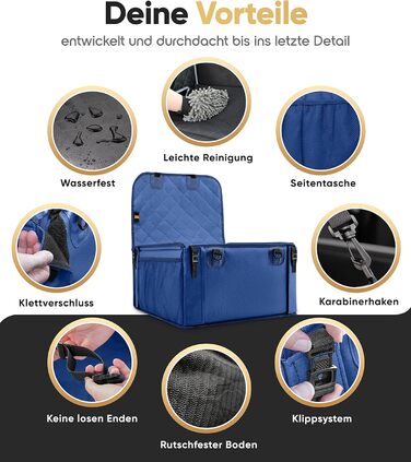 Extra Stable Dog Car Seat - Reinforced Walls & 5 Straps - Waterproof Dog Car Seat for Rear & Front Seat (Standard Size) - Blue