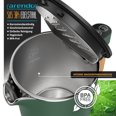 Електричний чайник Arendo з регулюванням температури (45°C-100°C), 1.5 л, з подвійними стінками, без BPA, з функцією підтримання тепла, зелений