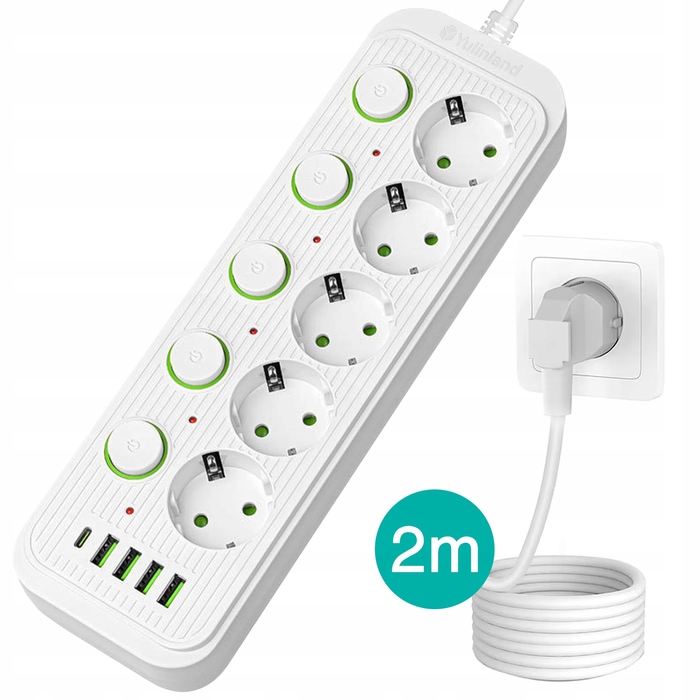 Мережевий фільтр (подовжувач) 2м: 5 розеток, 4 USB та 1 USB-C, з окремими вимикачами для кожного гнізда