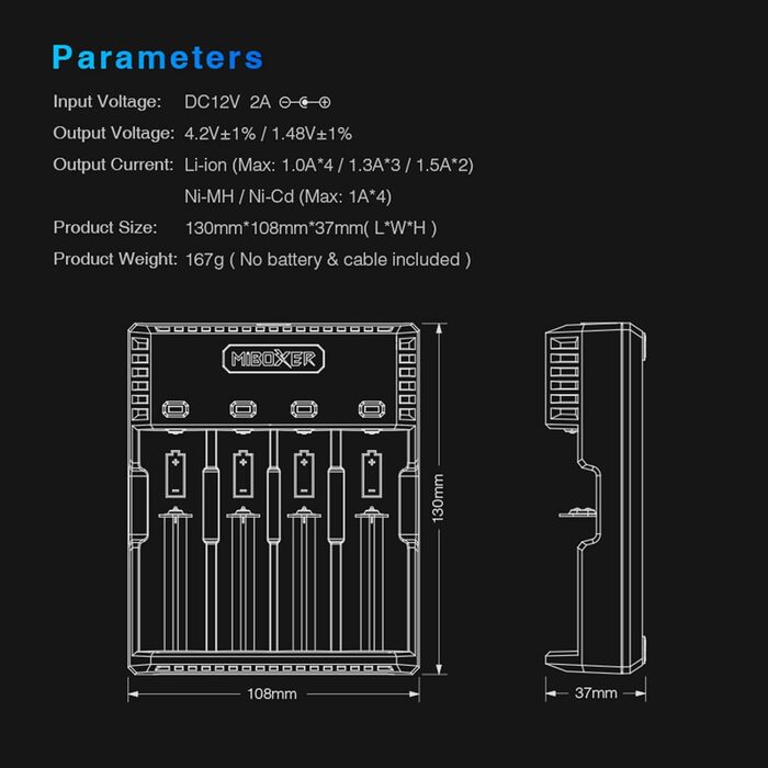 Зарядний пристрій MiBOXER C4S 3A для AA, AAA, Li-Ion акумуляторів (18650, 26650) з LCD дисплеєм та контролем температури