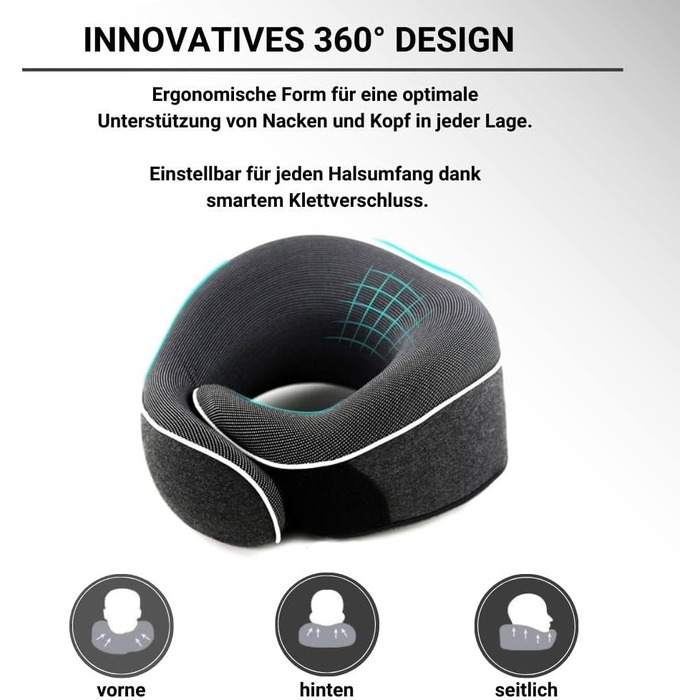 Подушка для шиї AIRTH® 360° з піною з пам'яті та зручним кріпленням - ергономічна підтримка шиї з знімним чохлом для максимального комфорту та відпочинку (сіра)