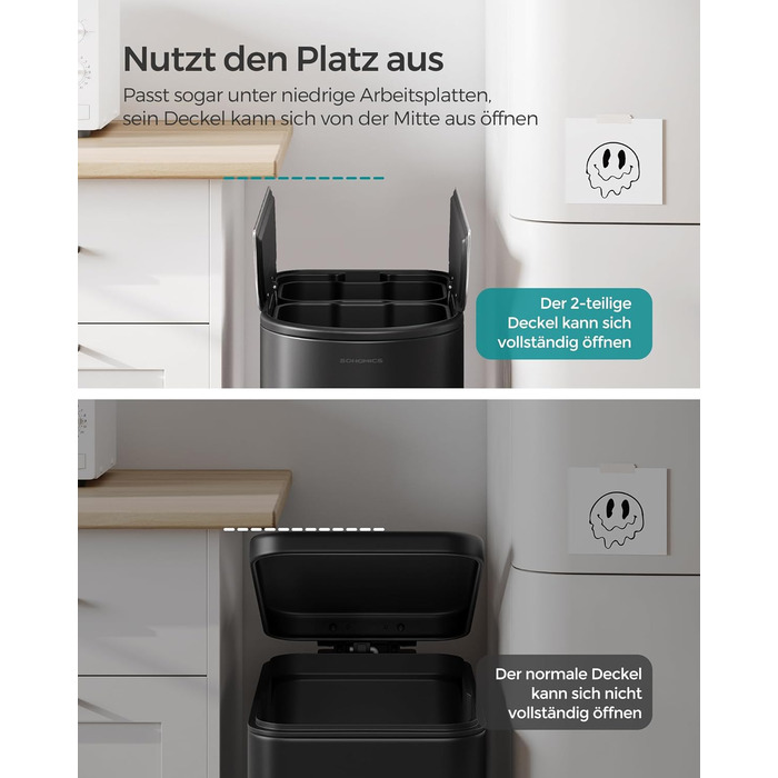 SONGMICS Відро для сміття кухонне, сортувальник 2 відділення, 30 л та 20 л, вузьке, з педаллю, для переробки та сміття, з двома кришками, білий + металік