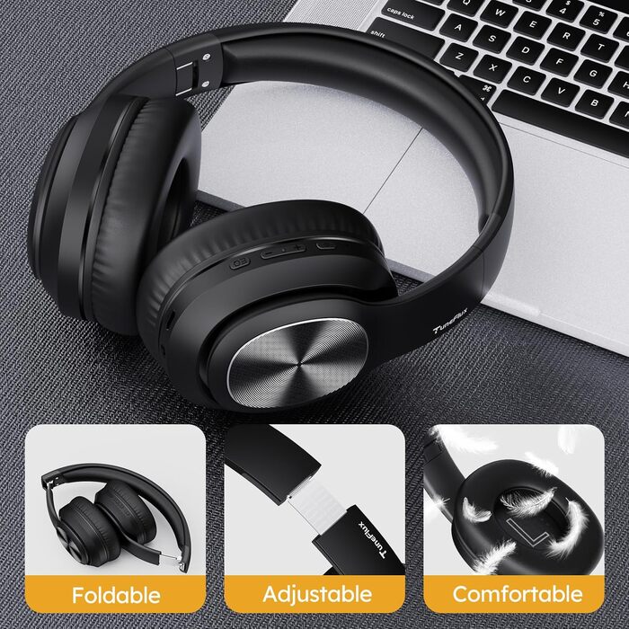 Bluetooth навушники TuneFlux Over Ear: 80 годин роботи, 3 режими EQ, HiFi Stereo, мікрофон, чорний