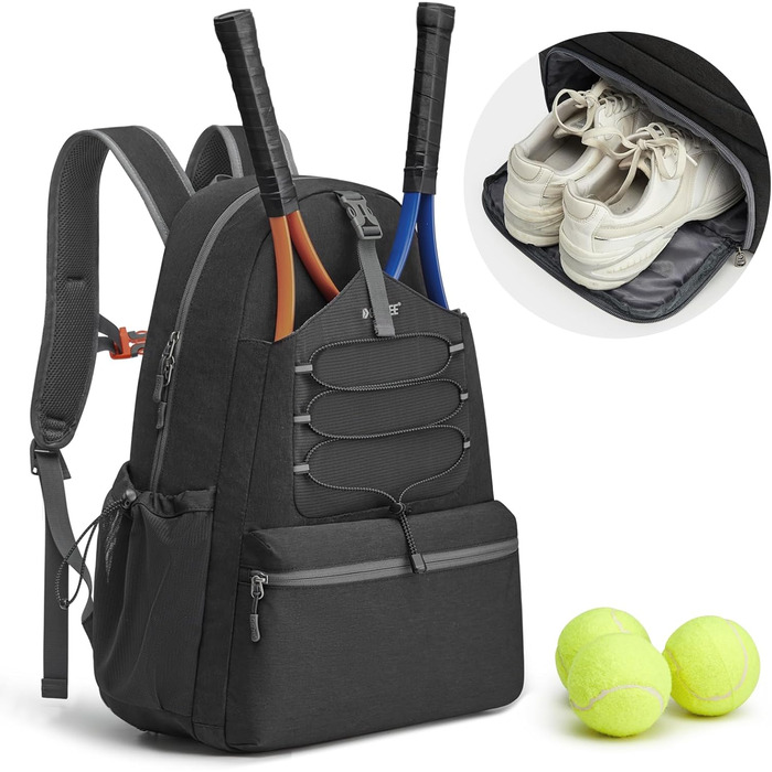 G4Free Tennis Backpack - Large Pickleball Bag for Men & Women - Holds 4 Rackets with Shoe Compartment - Black