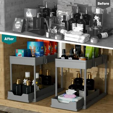 DEKAVA Kitchen Organizer, 2 Under Sink Shelf, Closet Kitchen Organizer with 4 Hooks, Closet Basket for Kitchen, Bathroom, Cleaning Supplies, Laundry Detergent (Grey)