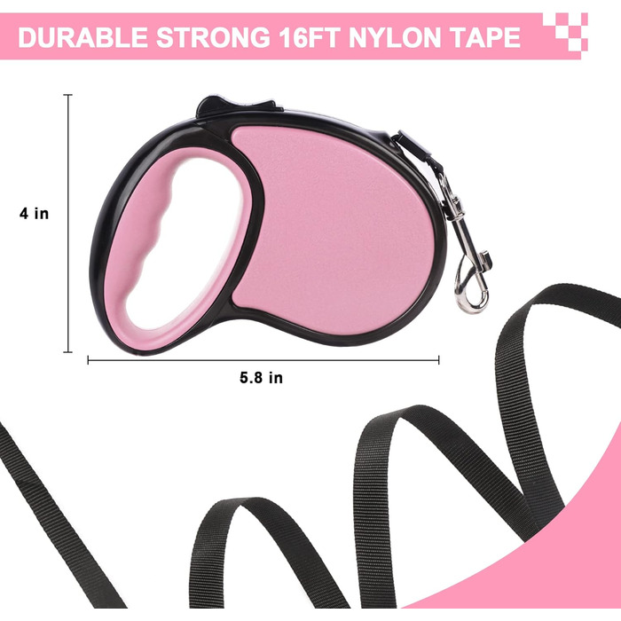 Висувна собача шлейка, 5 м, для собак маленьких та середніх порід до 25 кг, антизаплутування, міцний нейлоновий трос (рожево-білі крапки), рожева