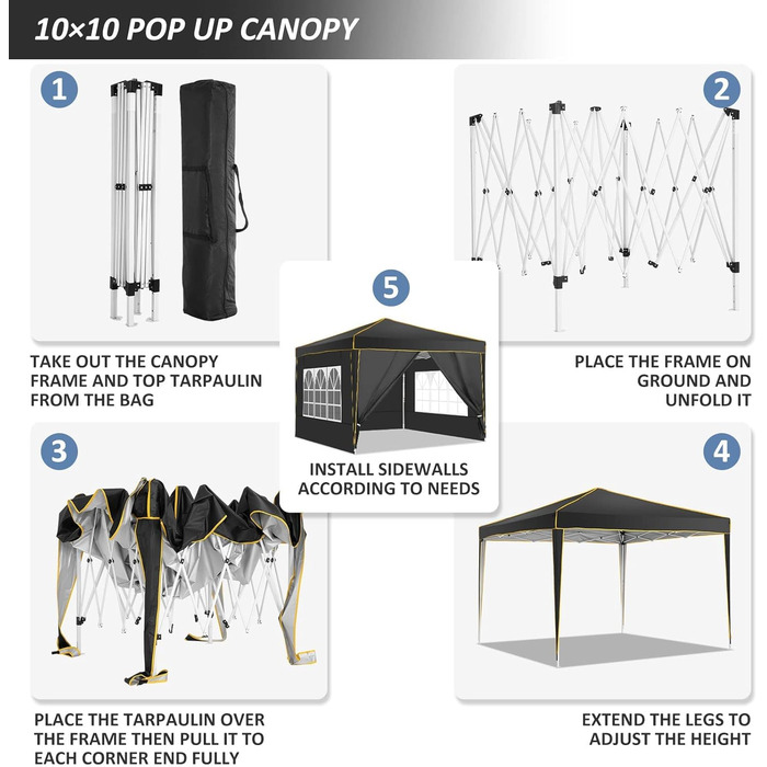 COBIZI Gazebo 3x3 Waterproof Stable Winter-Proof Party Tent, Folding Gazebo 3x3 with 4 Side Panels 3.0, 100% Waterproof and UV 50+ Portable High-End Portability Garden Gazebo, Black