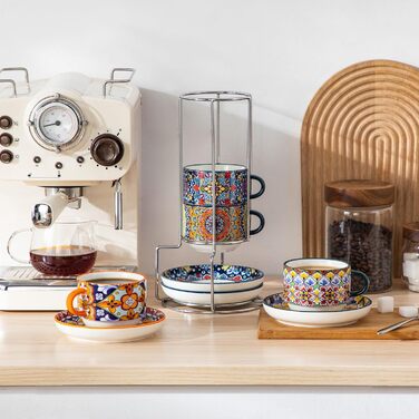 Набір чашок для еспресо Vancasso 4 шт., 150 мл SIMI з підставками та стійкою, керамічні, для капучино, еспресо, лате