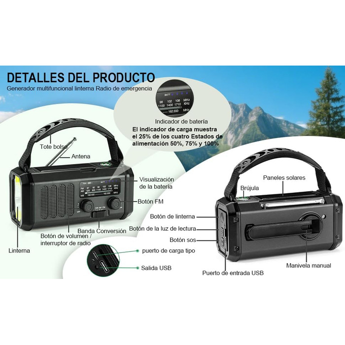 Радіостанція на сонячній батареї з живленням від ручки, 20000 mAh, SOS-сигнал, FM/AM, ліхтарик, компас, для кемпінгу та надзвичайних ситуацій (Чорний)
