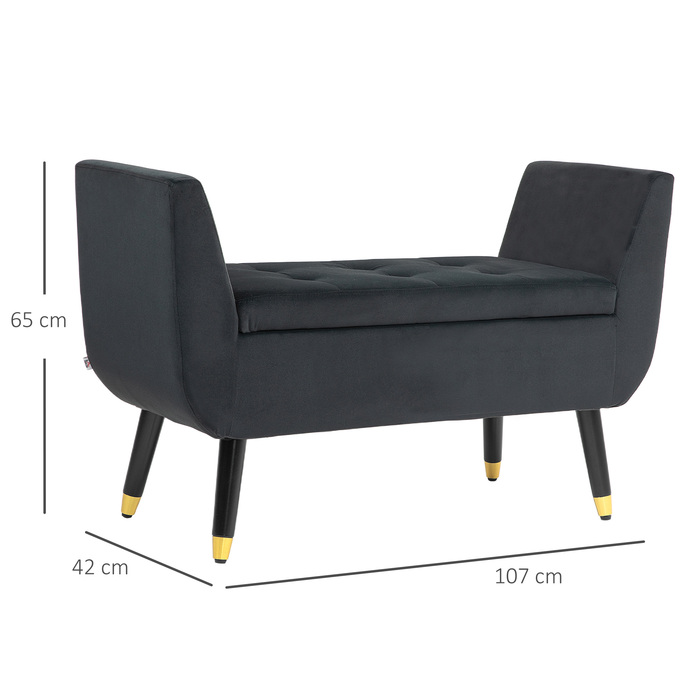 HOMCOM Luxury Bench with Storage, Armrests, and Trunk – Velvet-like Polyester, Rubber Wood, Dark Grey, 107 x 42 x 65 cm | Aosom