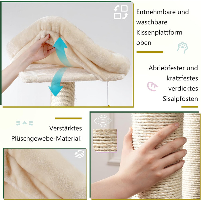 Кігтеточка XXL для мейн-куна, 168 см, з гамаком, сизаловим стовпом (φ11 см), когтеточкою, 2 платформами, будиночком, корзиною, бежева EMPJ01M