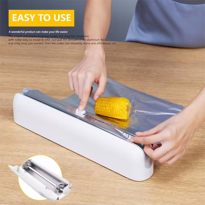 Magnetic Foil Dispenser with Cutter - Improves cling film dispensers, Practical cutter for plastic wrap & aluminum foil - Cling film roller for kitchen drawer, White