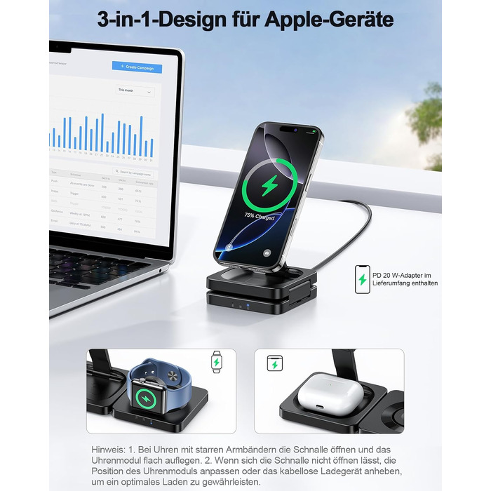 Бездротова зарядна станція 3 в 1 ADADPU MagSafe для iPhone 17/16/15/14/13/12, чорна