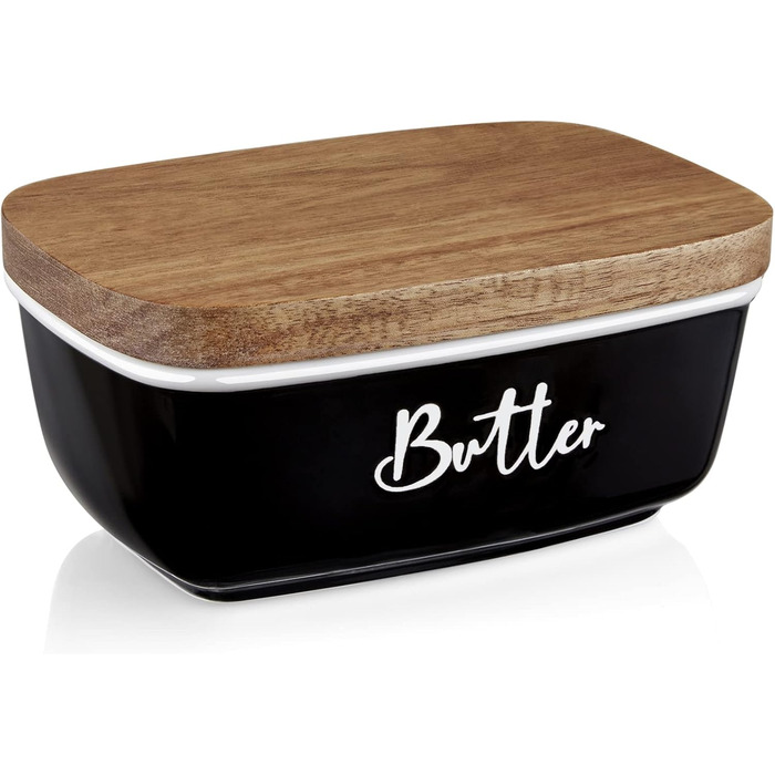 ALELION Butter Dish, large ceramic butter dish with lid for countertop, vintage butter holder with wooden lid, for home, kitchen decoration, butter container holds two butters, black