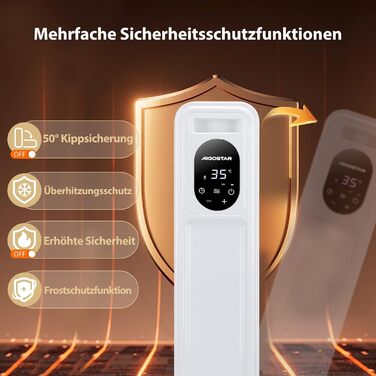 Електричний масляний радіатор Aigostar Snug 2500W з пультом керування, 13 ребер, термостат, 3 режими, ECO, таймер 24г, LED, захист від перекидання та перегріву