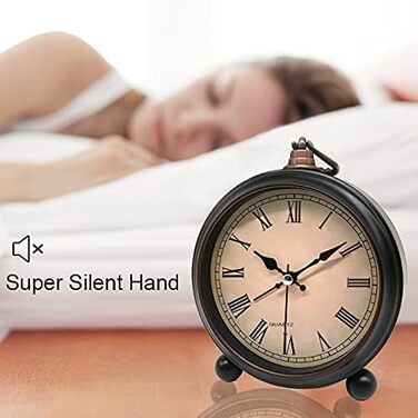 Lesipee Retro Alarm Clock Analog No Ticking, Vintage Alarm Clock, Silent, Battery Powered, Easy to Use and Loud Alarm, with Roman Numerals 4 Inches