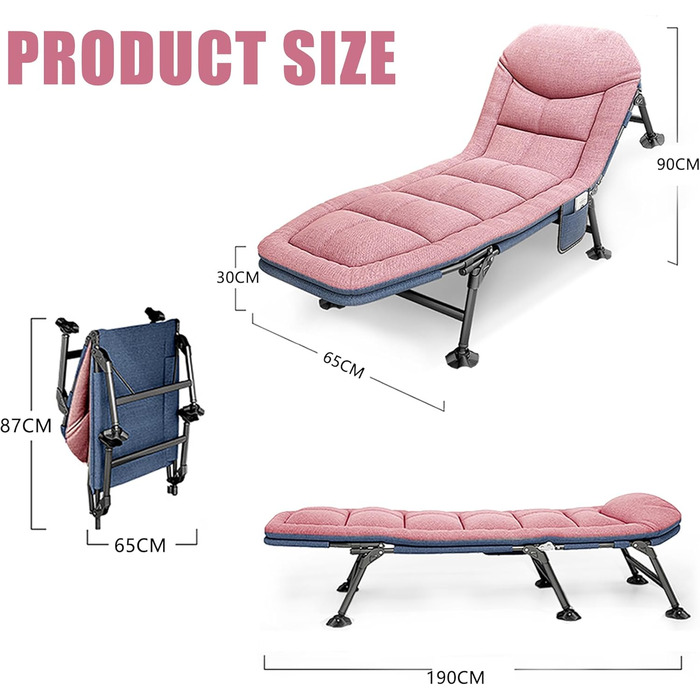 Розкладне ліжко-крісло для кемпінгу з матрацом, регульована спинка, 65x190x30 см, 1-місне, рожевий (2 шт.)