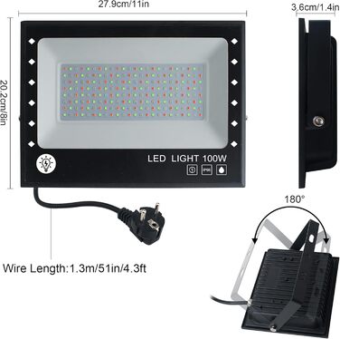 RGB LED прожектор 2 шт 100Вт, Bluetooth, IP66, для вулиці, балконів, саду, атмосферне підсвічування