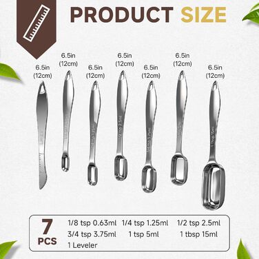 Набір мірних ложок з нержавіючої сталі 18/8 (7 шт) для спецій, протеїну, кави - довгорукі ложки для чаю, супу, дозування