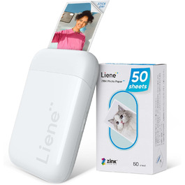 Liene Pearl K100 Mini Фотодрук для смартфонів (5x7 см) - комплект з 50 аркушам фотопаперу на клейкій основі, Bluetooth, 300 DPI, сумісний з iOS & Android, вбудований акумулятор, білий