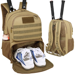 BlesMaller Tactical Tennis Backpack with Shoe Compartment & Racket Protection - Unisex Tennis Bag (Brown)