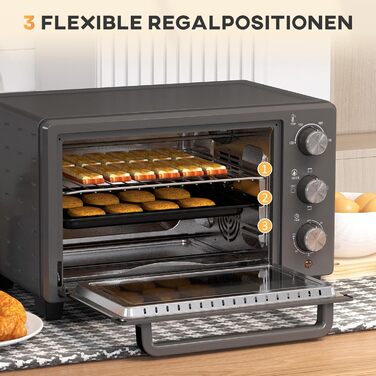 Міні-піч HOMCOM 21 л, 1400 Вт, 100-230°C, таймер, противень, решітка-гриль, вікно, піч для піци, кремово-білий (сірий)