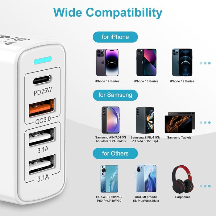 Мережевий зарядний пристрій USB C на 4 порти, 40W, PD&QC3.0, для iPhone, Samsung Galaxy