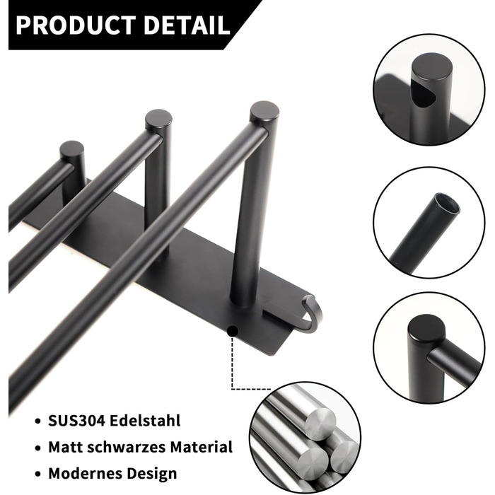 Тримач для рушників Vista з 3-ма штангами, без свердління, нержавіюча сталь SUS304, сріблястий, з двома гачками, 60 см, для кухні, ванної кімнати, спальні