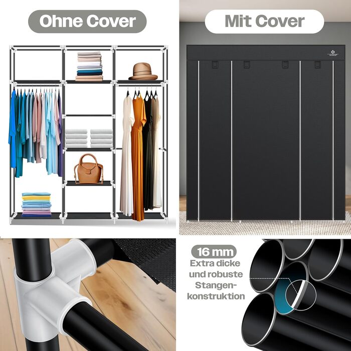 KESSER® Wardrobe Fabric Wardrobe Stable with Clothes Rail & Shelves, Incl. 5x Clothes Hangers, Fabric Folding Wardrobe for Bedroom, Dressing Room Closet with Clothes Rack 150x45x175cm Black
