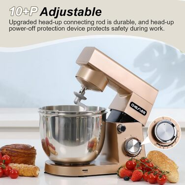 Кухонна машина Cheflee 1500W з місткими чашами з нержавіючої сталі (4.5L, 5.5L) та 10+ швидкостей, набір насадок (міксер, гак для тіста, вінчик, захист від бризок) (Золота)