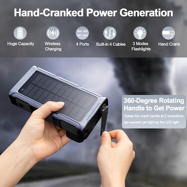 Сонячний Powerbank 26800 mAh з ручним генератором та 4 кабелями, водонепроникний зовнішній акумулятор для телефону, кемпінгу, подорожей (сріблястий)