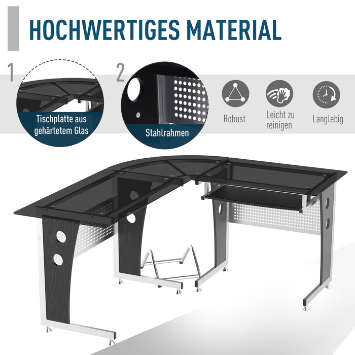 HOMCOM L-Shaped Corner Desk with Black Safety Glass 164x139x75 cm, stylish workspace for home office