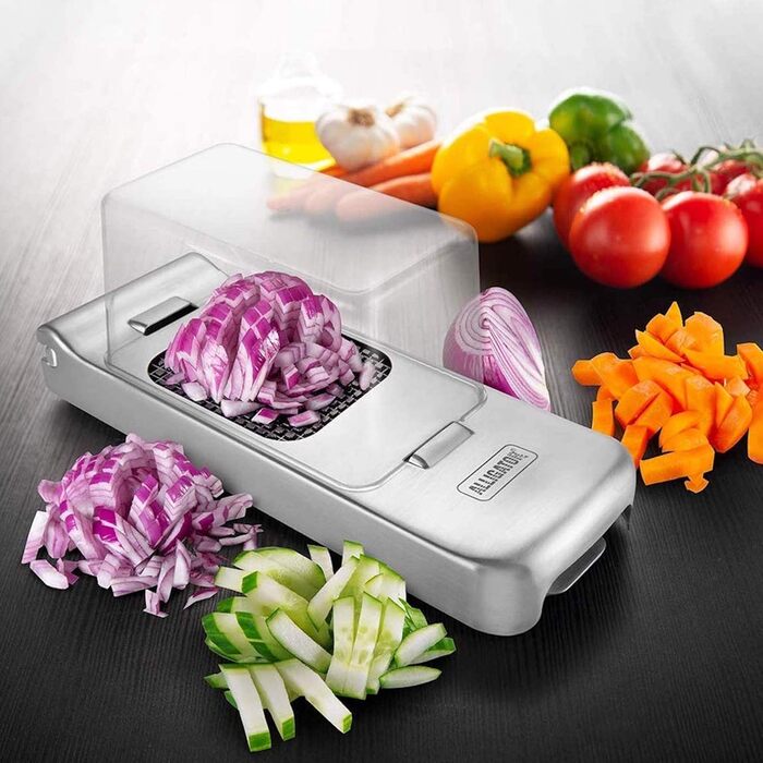 Подрібнювач для овочів Alligator 3094 з нержавіючої сталі - 3 насадки (3x3, 6x6, 12x12 мм) - з контейнером, BPA-free