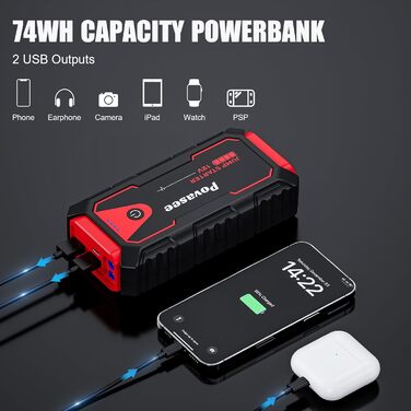 Портативний пусковий пристрій Povasee Starthilfe Powerbank: 5000A для 12V авто (до 10л бензину/8л дизеля), з LED, 2 USB, кабель для підключення