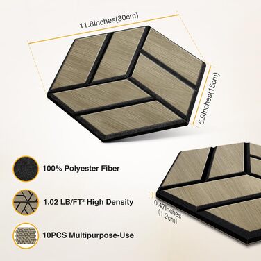 Акустичні настінні панелі JAMELO з шпоном горіха, самоклейні 3D гексагональні панелі для стін та стелі, 30x15x1.2 см, 10 шт, колір горіх