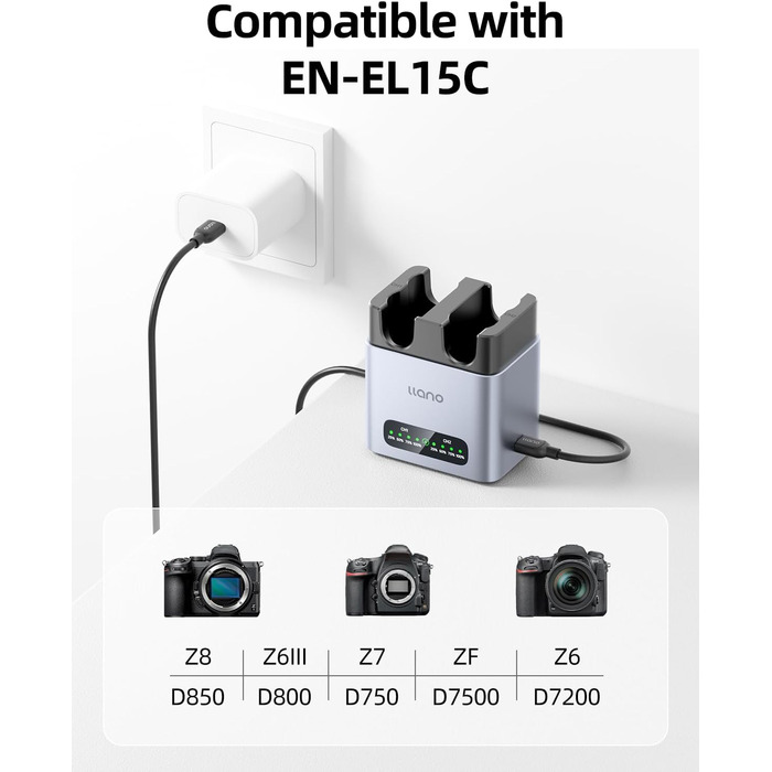 Зарядний пристрій для акумулятора Nikon EN-EL15C з двома слотами, 20W, сумісний з Nikon Z8, Z7II, ZF, Z6III, Z7, Z6II, Z6, D850, D810A, D7500, D750, D7200, D7100, з корпусом з алюмінію, швидка зарядка (2.8 години)