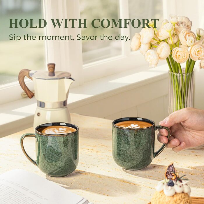 Набір керамічних кавових чашок LERATIO, 340 мл, 6 шт. - великі порцелянові чашки з зручною ручкою для лате, капучино, молока, какао. Можна мити в посудомийній машині та використовувати в мікрохвильовці. Ідеально підійде чоловікам, жінкам, батькам. Колір: 