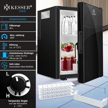 Міні-холодильник KESSER® 40L з скляною дверцятами: ідеальний для кемпінгу, офісу, спальні, готелю, кухні. Безшумний, з можливістю зміни напрямку відкривання дверцят, внутрішня підсвітка та відкривачка для пляшок. Чорний колір.