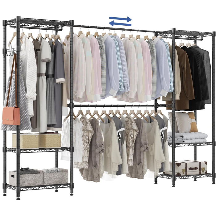 Тeleskopна штанга Himimi для одягу з 4 перекладинами та 6 регульованими полицями, 1 гачком, телескопічна система, регульована висота 175-230 см x H180 см, чорна