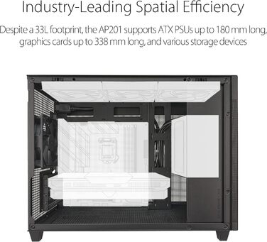 Корпус ASUS Prime AP201 MicroATX чорного кольору (33 літри, підтримка 280/360 мм кулерів, відеокарти до 338 мм, стандартний ATX блок живлення)